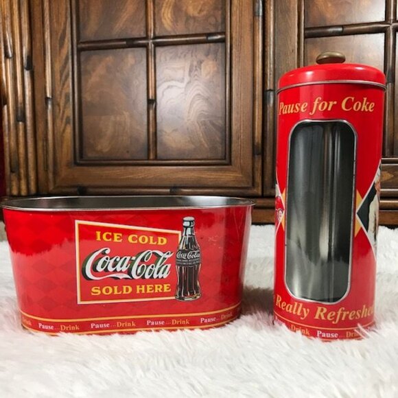 Set of 2 Vintage Coca-Cola Oval Tub + Cylinder Tin w/Knob Lid Set - Picture 1 of 14